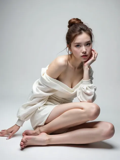 High quality detailed photo of young nice european woman in a white dress sitting on the floor with her legs crossed, opened nice eyes, avant garde fashion model, inspired by Antoni Brodowski, fine art fashion photography, inspired by Aleksander Gierymski,...