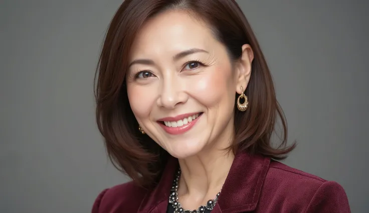 beautiful middle-aged woman's upbust (48 years old: 1.4), wavy hair , fine laugh lines: 1.2, and a bewitching smile . 。SHARP FACE DETAILS , amazing beauty (ultimate beauty), It features 、 (lipstick: 1.1), (eyeliner: 1.2), mascara, and eyeshadow . Th...