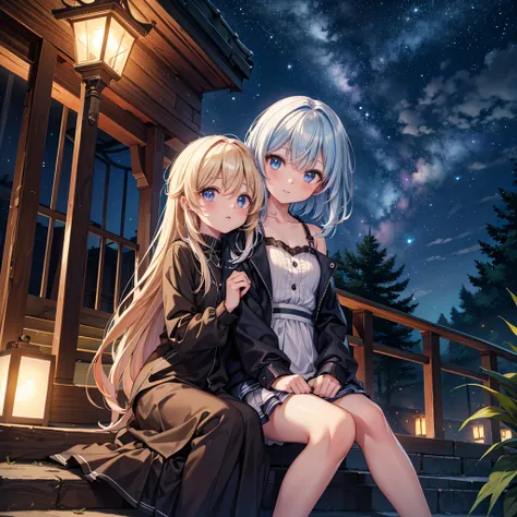 Chibi Style, night sky, With a star-studded, Firefly, park, Lovely couple, Sit on the stairs , A small town can be seen in the distance,  Detailed Description , high quality, 4K, 8k, ultra high definition, 걸작, ultra-detailed, Realistic, Like a picture, HDR...