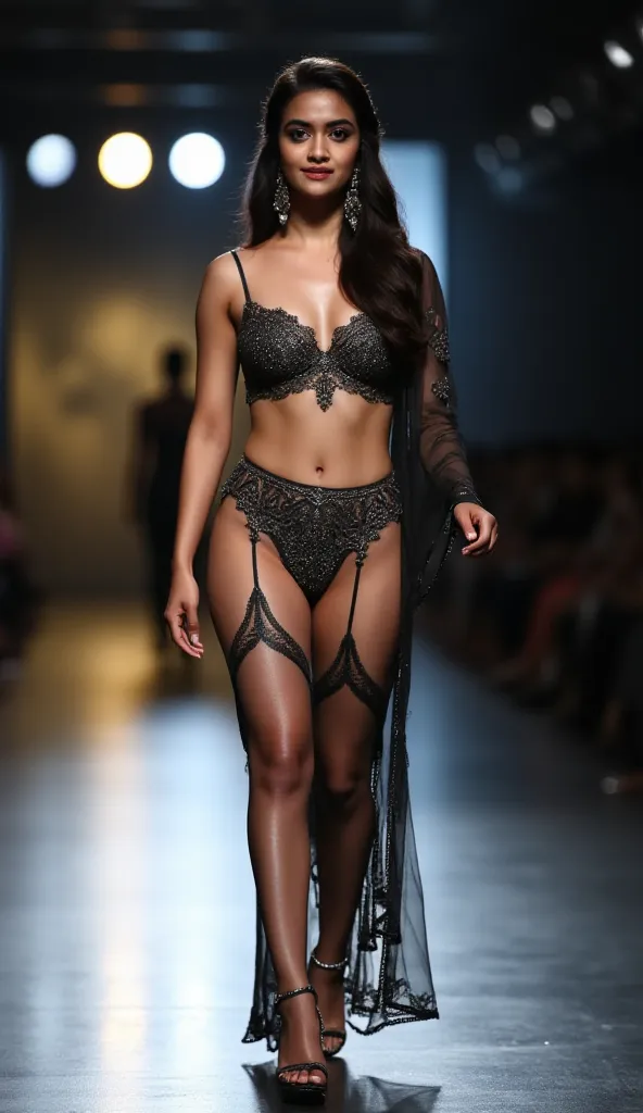 Beautiful Indian woman with black fantasy hair styled in bigbun.weraring sexy lingerie with stocking, high heels.walking in a fashion show.