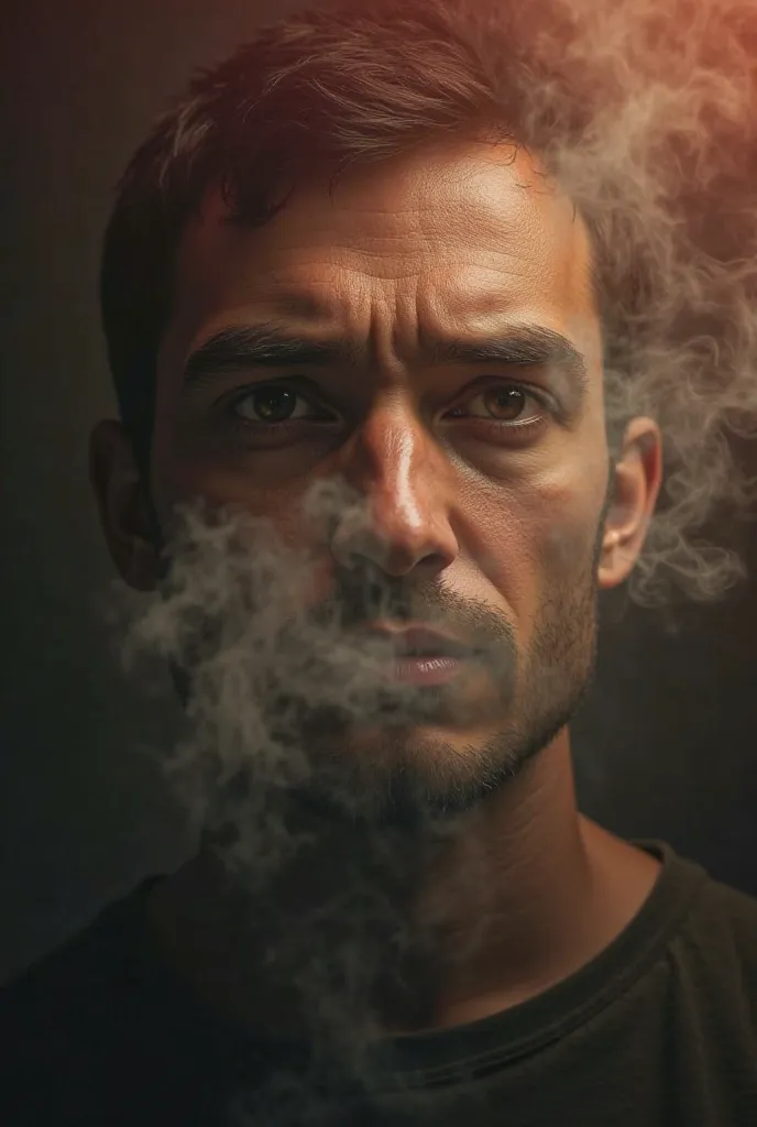 Image percutante de sensibilisation contre la consommation de cannabis. En arrière-plan, une scène sombre et oppressante avec une dominante de teintes rougeâtres et brunes. Au premier plan, un gros plan d’un visage partiellement visible, les yeux mi-clos, ...