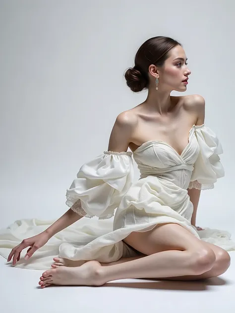 High quality detailed photo of young nice european woman in a white dress sitting on the floor with her legs crossed, opened nice eyes, avant garde fashion model, inspired by Antoni Brodowski, fine art fashion photography, inspired by Aleksander Gierymski,...