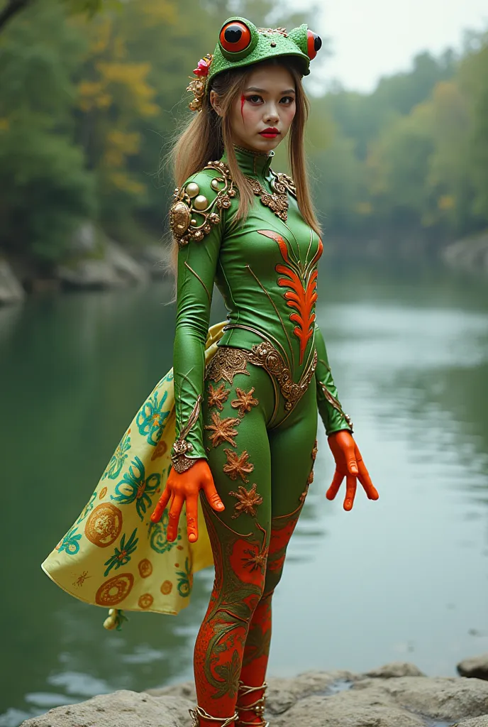 HD. REALISTIC. FULL BODY PICTURE. BEAUTIFUL YOUNGTEEN RUSSIANTEEN student woman. DRAG QUEEN MAXIMALIST FROG-INSPIRED HERO OUTFIT. RIVER BACKGROUND 