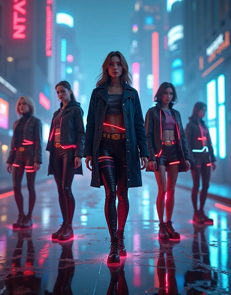 A futuristic character selection screen in a cyberpunk video game, featuring highly detailed 3D-rendered characters with unique outfits and glowing neon interfaces. The background showcases a high-tech cityscape with holographic menus and dynamic lighting ...