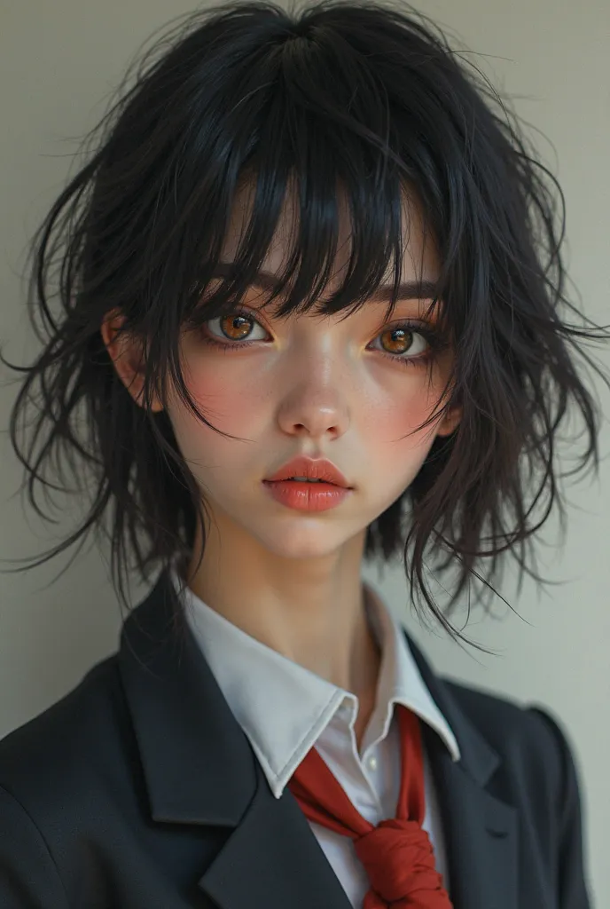 Make a girl with black hair and makeup. Brown eyes and very pretty with rebellious hairstyle. Do it with the university uniform. Make the drawing realistic.