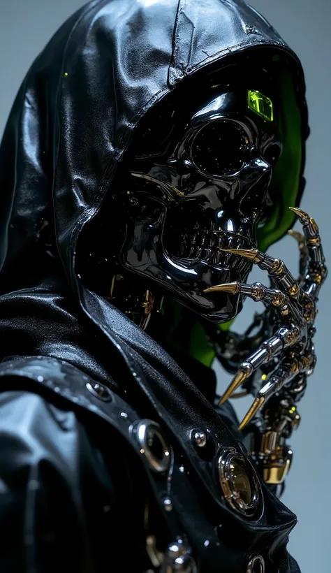 extremely detailed CG, high resolution, best quality, masterpiece,
Close-up portrait of a futuristic skeletal figure, cyberpunk aesthetic, glossy black metallic skull helmet, neon green accents, flowing black silk fabric, intricate robotic arm details with...