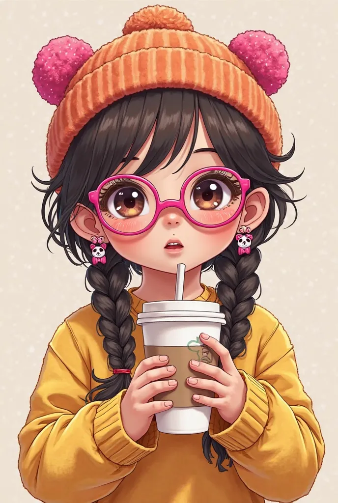 Face and Mimic:  features an illustration of a cute and stylish  boy The character's big, The braids are decorated with pink bear-shaped clasps. Dark brown or black hair, with a cup lid and a straw comes out of it.
Hair and Accessories: braided on both sid...