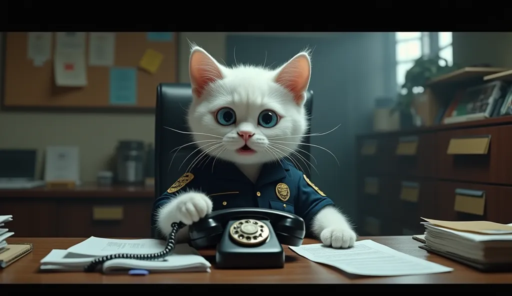 A highly detailed, cinematic 3D-rendered anthropomorphic white cat dressed as a police officer, sitting at a cluttered wooden desk in a dimly lit police station. The cat has large, expressive blue eyes and looks shocked or surprised while holding a vintage...