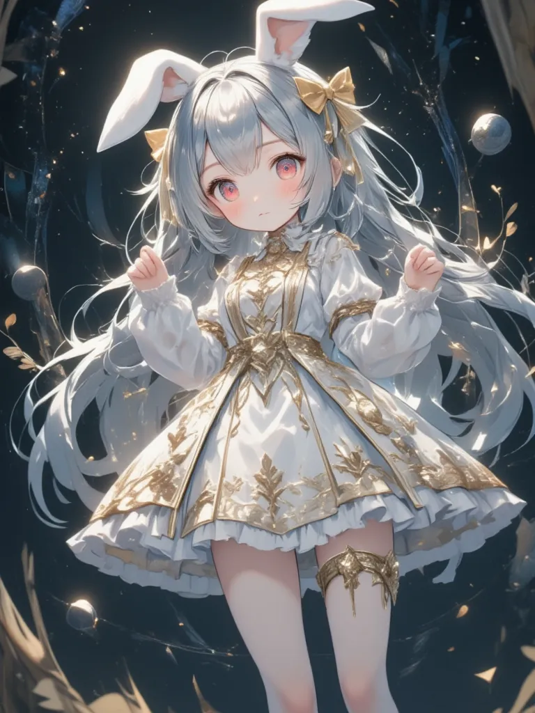 ( masterpiece, top quality:1.2), little cute rabbit girl , girl:0.7\((  Big ribbons on the ears  ,   cute ribbon、Gold ribbon ),Rabbit Tail , rabbit ears, very fluffy ears 、White Ear、 very long hair,Gray Hair,Warm deep red eyes   ,  Sparkling Eyes,   I clos...