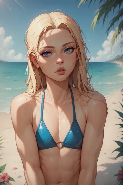 Young, skinny girl, long blonde hair, she wears a sexy bikini, wet skin, wet hair, feminine face and blue eyes, full lips and light make-up, athletic body, she looks sad, she walks at a beach, gloomy atmosphere