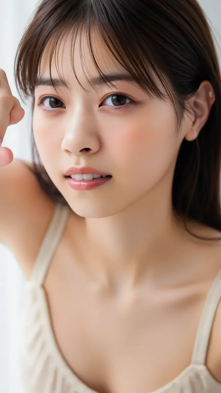  micro bikini、Close-up portrait of a Japanese model emphasizing cleavage