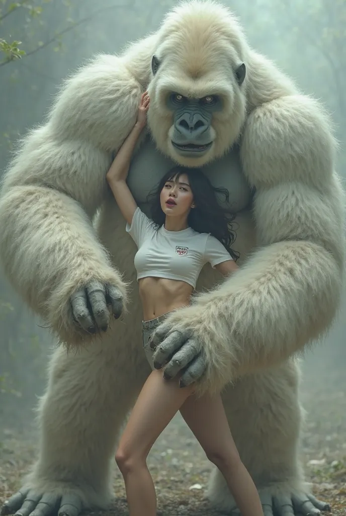 Picture a 20-year-old flirty Korean girl wearing a cropped tee being eaten by a huge, messy white gorilla.