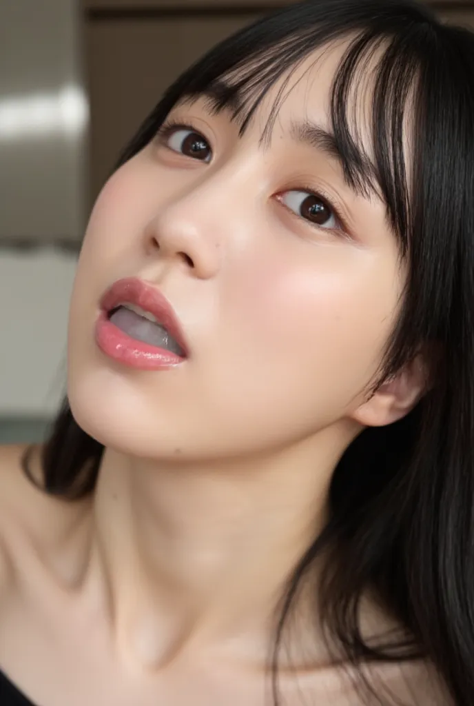 high resolution young Japanese female idol「Kakki」Photo of, Alone, 1 girl,  wears an off-the-shoulder dress, Focus on Your FACE, face, camera, long black hair with straight hair and front bangs, pale skin, detailed faces, DETAIL EYES,  seductive eyes,  natu...