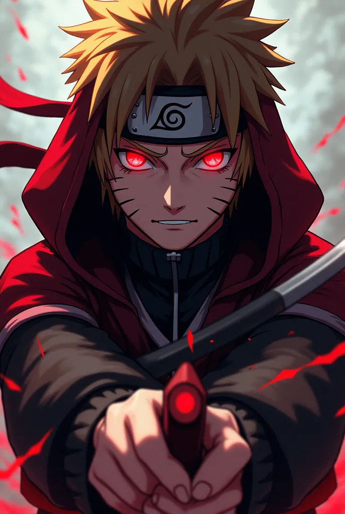 Art style anime Naruto,Red-eyed Naruto no mustache or misai holding katana wearing hoodie
