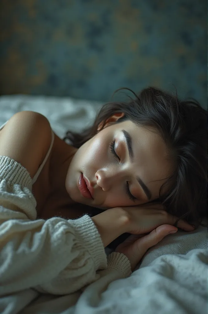 image of a woman lying on her back, her head turned to the right, and the camera angle is pov from the right hand