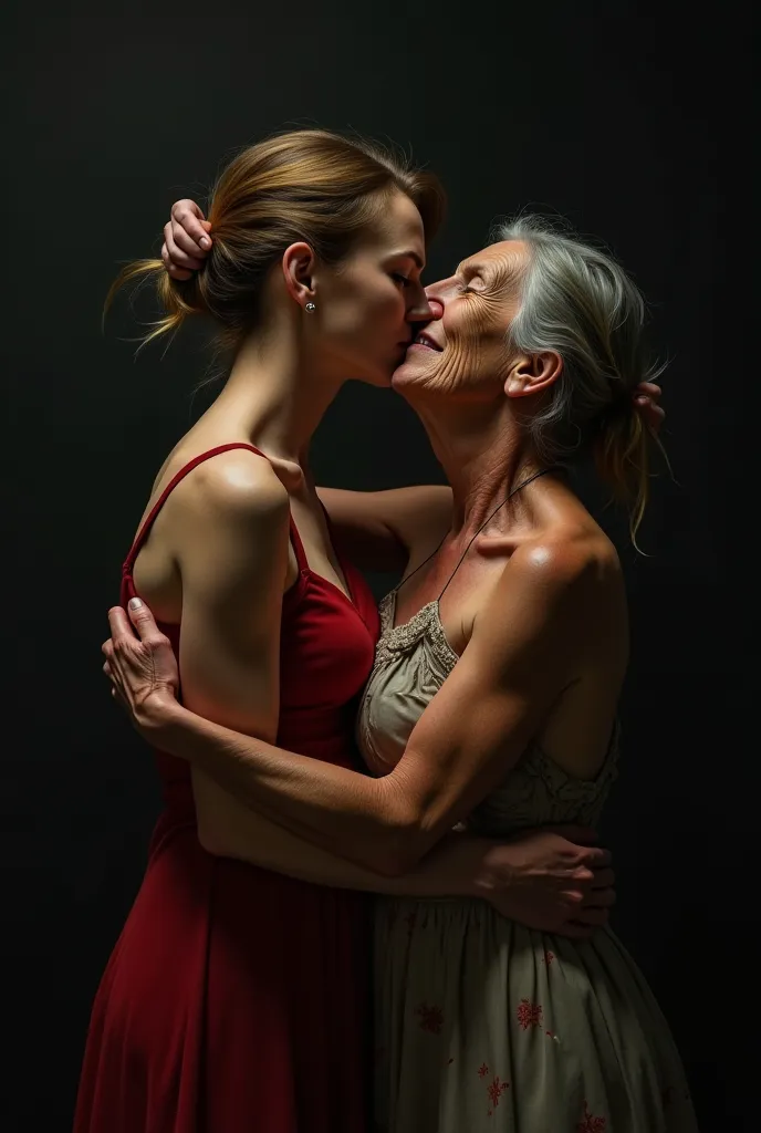 Beautiful young woman kissing intensly an elderly ugly extrême old woman 