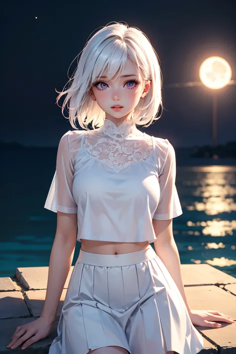 realistic, 1 girl, white hair, purple eyes, shining eyes, cropped top, skirt, parted lips, ,  night , flower,  moon,  moonlight, white skirt, short skirt, medium hair, Genuine, Warm colors,  white short dress, white clothes,  light background , Daytime env...