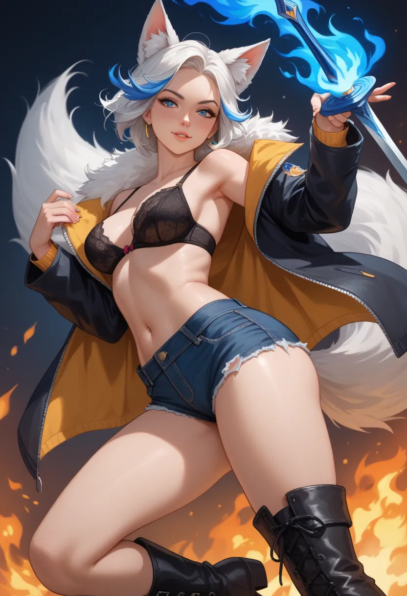 Realistic. Tall, slim, hairy mage with wide thighs and hips, and a voluminous rear end. Hairy body. Slim waist. She is completely covered in short, silky white fur with bluish highlights. Her face is humanized, but with animal features: fox ears and a long...