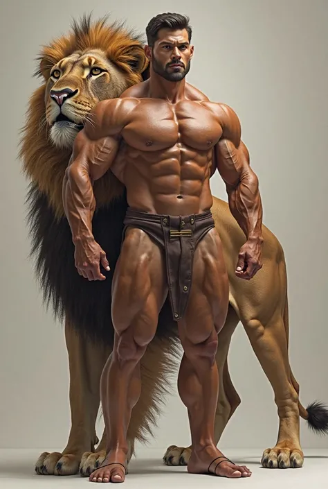 Create an ultra realistic bodybuilder Man with lion leaning on him from the back