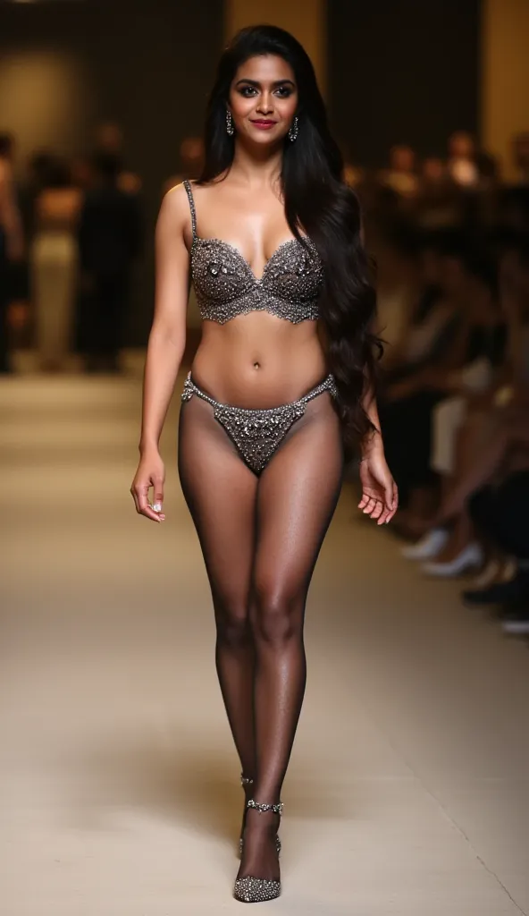 A beautiful Indian woman with black fantasy hair styled in a voluminous big bun walks confidently down the runway at a fashion show. She is dressed in elegant, sexy lingerie paired with stockings and high heels, exuding grace and allure. Her poised stride ...