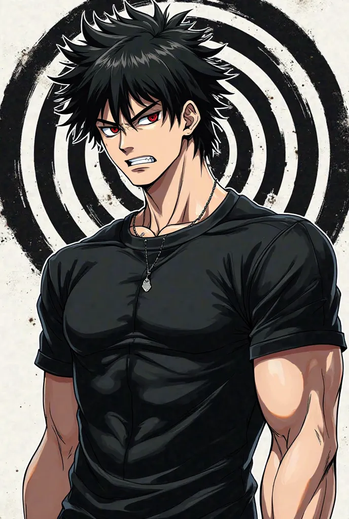 Angry poes, anime boy character,stand , fitness body, black tshirt, stylish Hair,in black colour,all in circles 