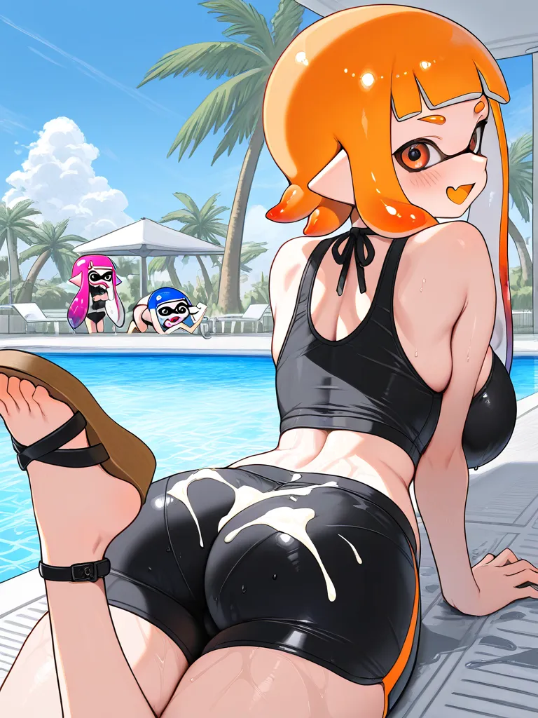 ( Masterpiece),  top quality,  expressive eyes,  Perfect Face, 1 girls,inkling girl, Splatoon , big breasts, wide hips,  thin waist, (  Sexy girl),black crop top, spandex shorts,With ribbon, , salon, Heeled Sandals,  good_feet, blanking,smile,Swimsuit mode...