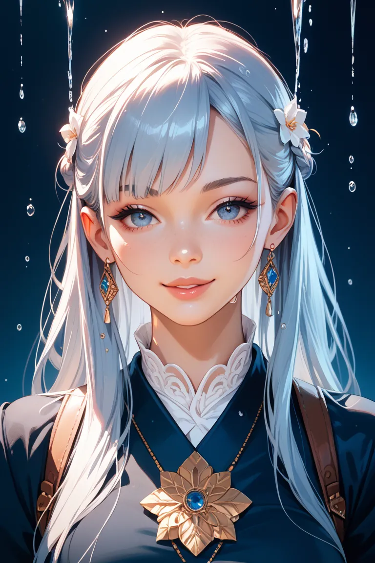 A beautiful Japanese girl with slightly droopy eyes has water droplets on her face, a blue-white gradient background, and mist all around. Her skin is white and she is not wearing any makeup. She has a warm and generous smile on her face, her eyes are look...