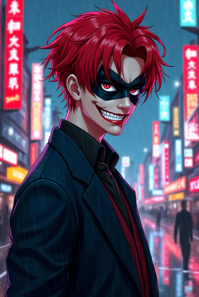 Anime style vibrant redheaded male character looking directly, With Joker's smile mask, to look menacing, in the rain, Vibrant colors in Tokyo, Wearing Bad Boy clothes