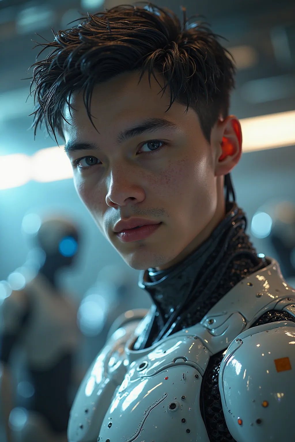 Photorealistic portrait of a young humanoid android cyborg (((male))) with luminous, natural fiber shiny skin, relaxed pose, revealing, soft lighting, intricate skin texture, high-resolution, cinematic style a (((18 years old male))) in a starship with ult...