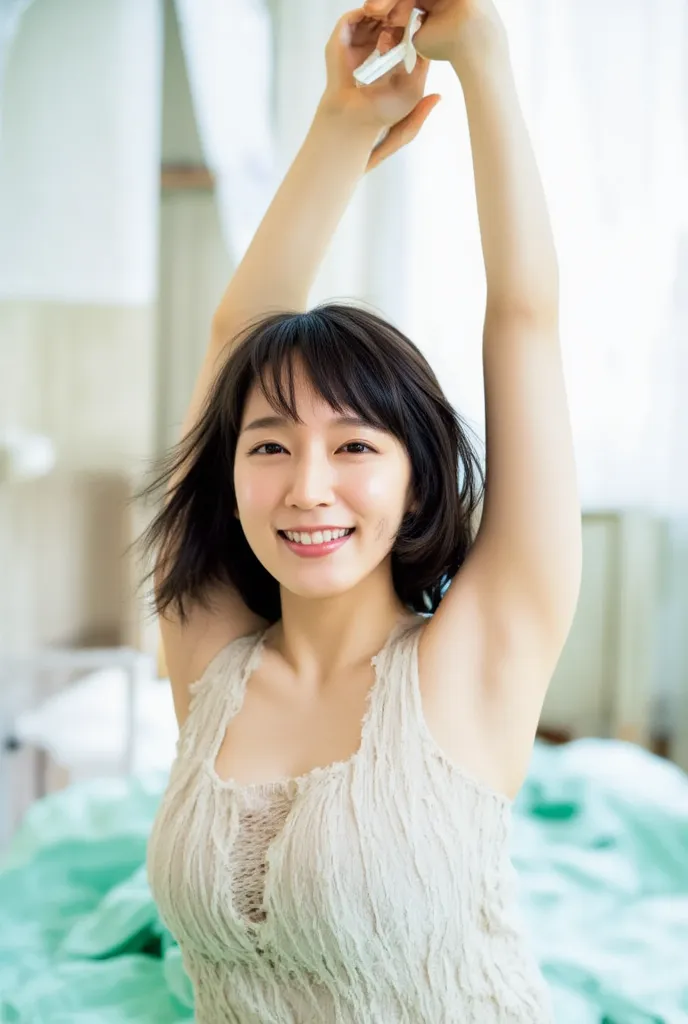 smile,Big Breasts,full body,Gymnasium ,The real Riho Yoshioka, bloomers, gym clothes,sitting, large amounts of white  ,