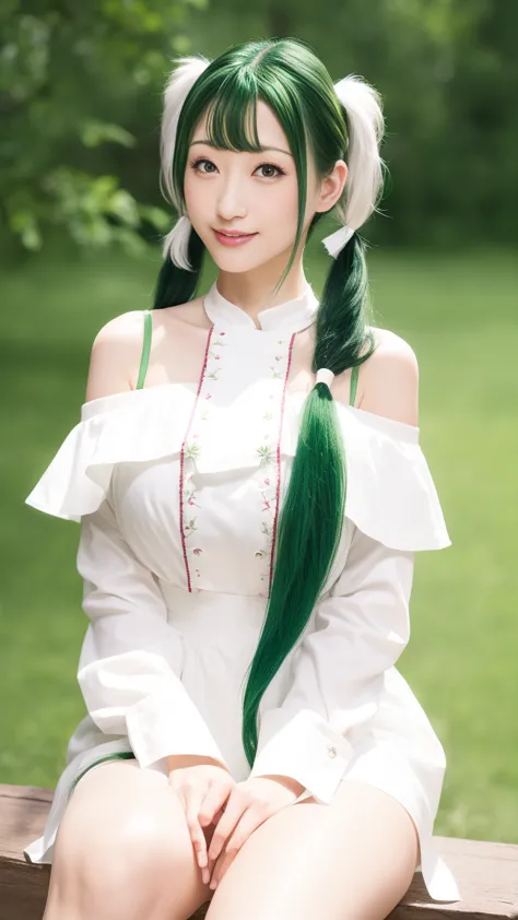 (( Big Breasts))、  upper body picture、  Please take a close up photo of your face  、 white skin、   amazing light、  White Collar Shirt、(( Green Hair :1.2))、(( twin tails))、(( straight hair))、blunt bangs、Detailed embroidery、 black dress 、  walnut off-shoulde...