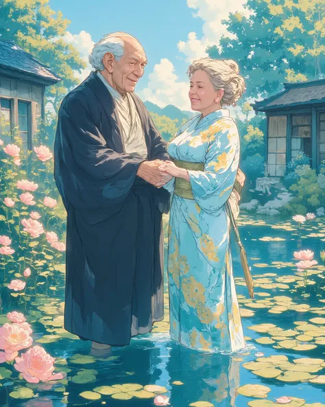 A heartwarming, vibrant digital painting of an elderly couple enjoying a peaceful moment in nature. The old man, wearing a traditional dark robe, holds the hand of his elderly wife, who is dressed in a light blue floral kimono. They are both standing in a ...