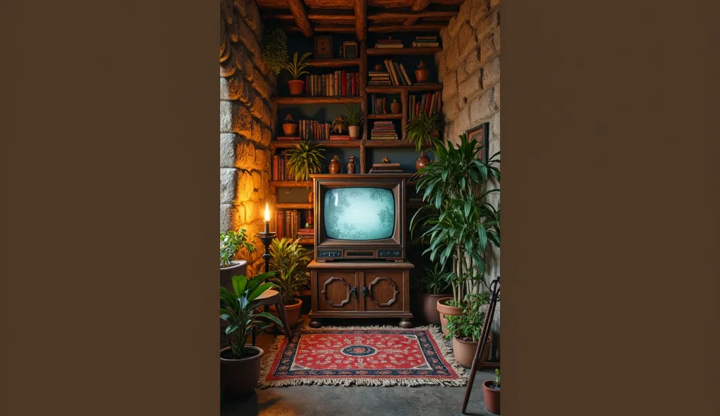 Réalise une image en format vidéo YouTube 1 920 x 1 080, In the center of the picture there is a TV in the front, It seems ancient, je veux qu'elle couvre la moitié de l'image environ, this TV is included in a large medieval-style wooden and stone decor, w...