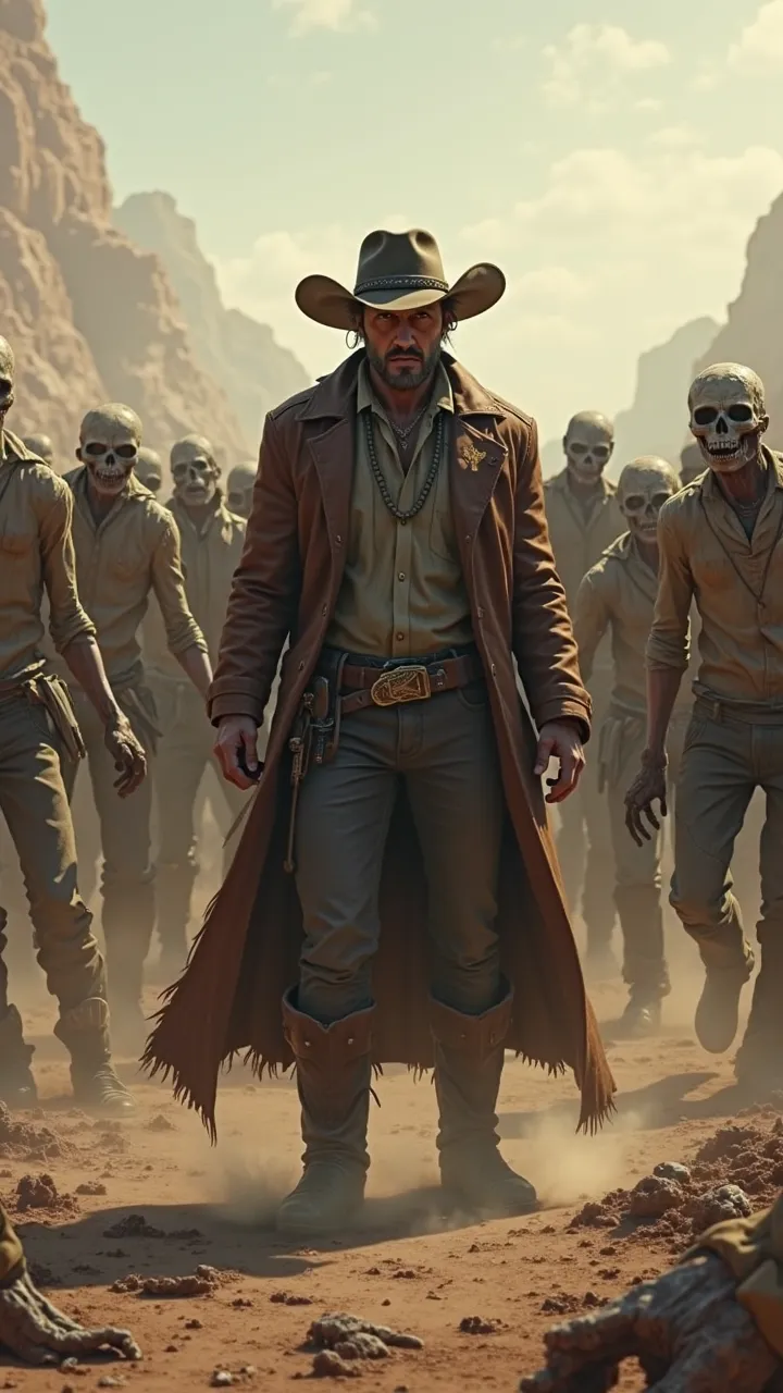 A man with a cowboy hat from behind. He is a Lurk. Surrounded by a horde of zombies
