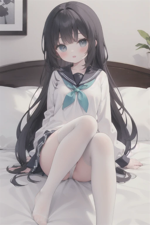 1 cute little loli, Sitting on a bed in a luxury villa，wearing a sailor suit and white stockings， medium breasts 
