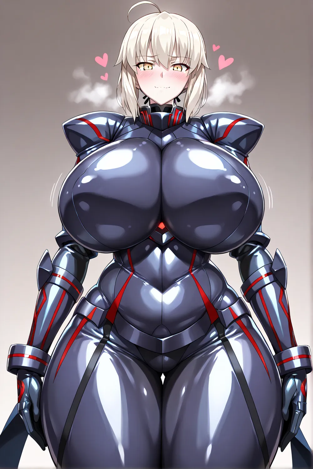 up shot,(Artoria Alter,heart,large girl,),(in heat,blush,worried,wavy mouth,smirk,close mouth,),(gigantic huge busty,glamorous,plump,gigantic hips,breasts together,tight breasts,covered breasts,Be proud,),((Full Armor,long gloves,looking viewer,)),(tight-f...