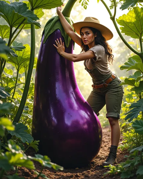Hyper-realistic, ultra-sharp Don Lawrence-style illustration of a young woman in rugged gardening attire—rolled sleeves, sunhat askew, dirt-streaked overalls—straining on tiptoe in a sunlit garden. She stands in front of a colossal, dew-covered eggplant gl...