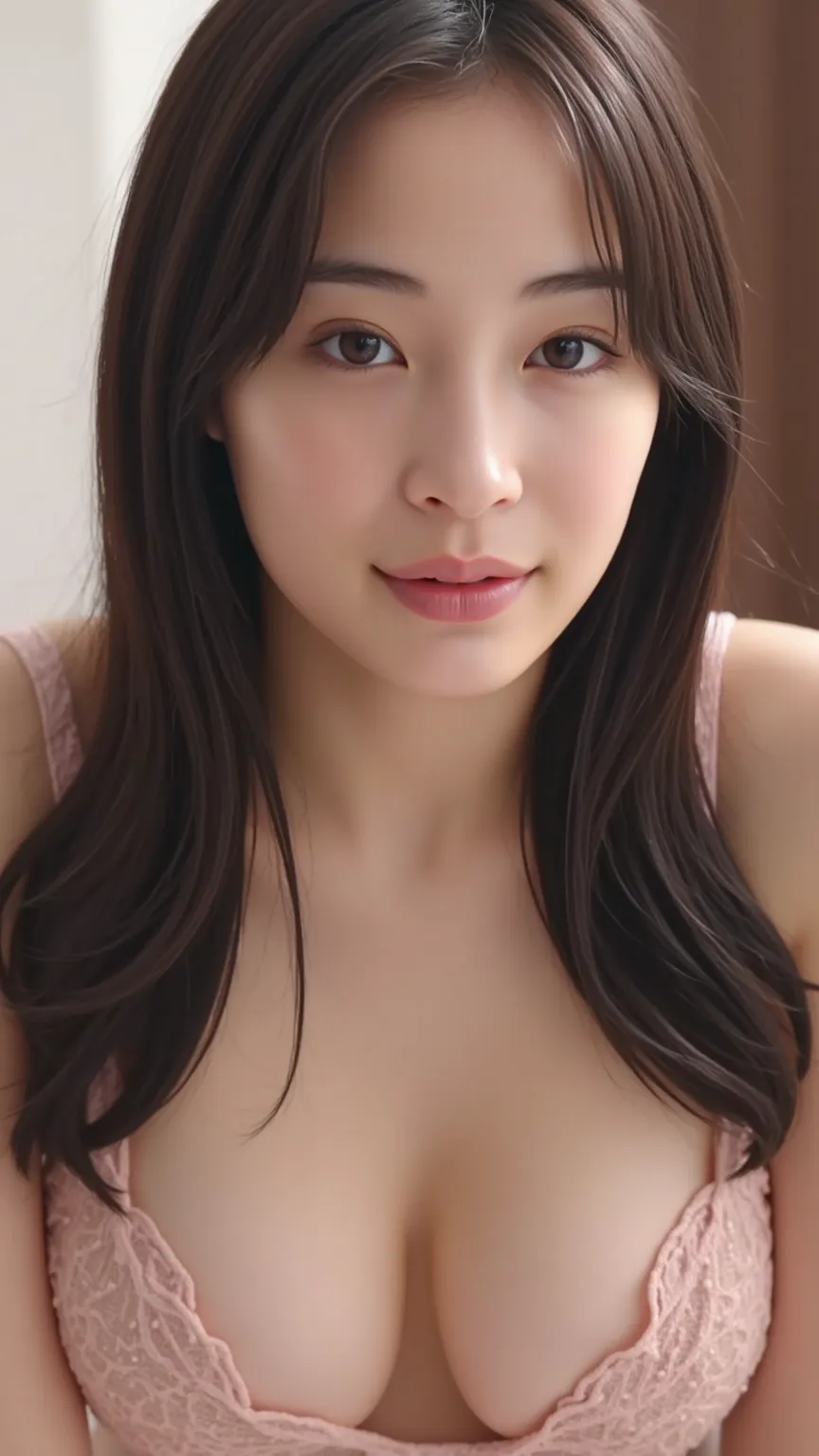  micro bikini、Close-up portrait of a Japanese model emphasizing cleavage