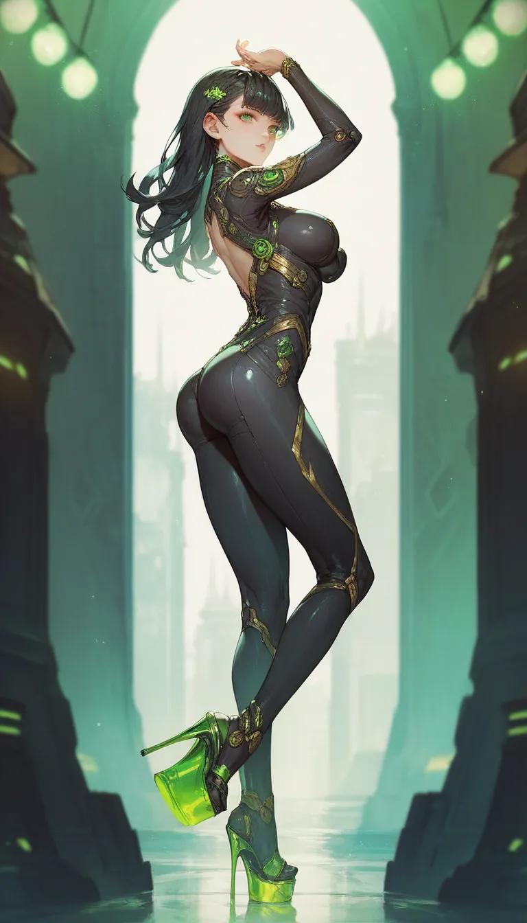 Anime style, young woman, Long black hair, green eyes, pretty face, large breasts, slender hourglass figure, firm round butt, black bodysuit with green lights and gold trim, wedge heels, futuristic