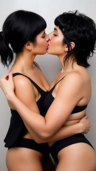 (Highest Resolution, clear_image) Highest quality, ((Two)), They are supporting each other and kissing, masterpiece, Attention to detail, Realistic, Black short hair, Black Hair, bangs, mature, middle aged, Are fat, The one on the right is slim and has sma...