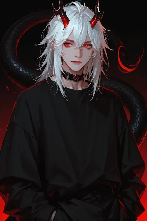 Man. White hair collected in the tail on the head. Red eyes. In a black shirt