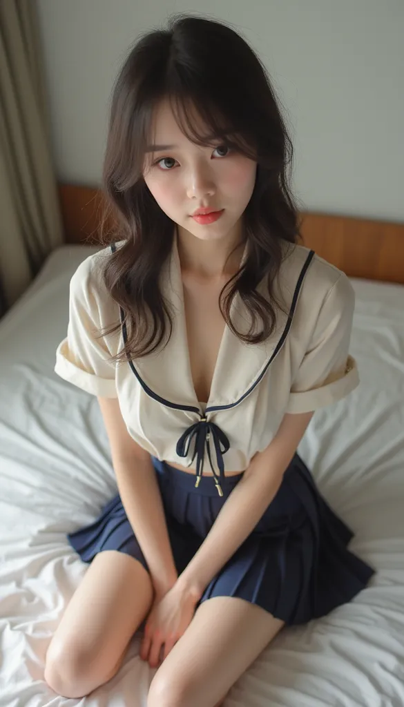  small 、((Japanese women)) , ((naked))、(curvy body)、  sensual expression、((slightly above angle))、Open your mouth lightly  、I'm staring  、on the bed、 looks up 、(Indoor Floor Pleated Skirts) 、(face)、((胸のgap ))、(from above、 gap)、((high school uniform))　Eroti...