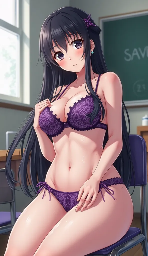 HIGH SCHOOL GIRLS、Beautiful underwear、purple intricate pattern bra and shorts、insanely big breasts、black hair、beautiful hair、Black Eyes、full body、Morning、classroom、sitting on a chair holding、and open your crotch、 tentacle play、Her body is covered in mucus、...