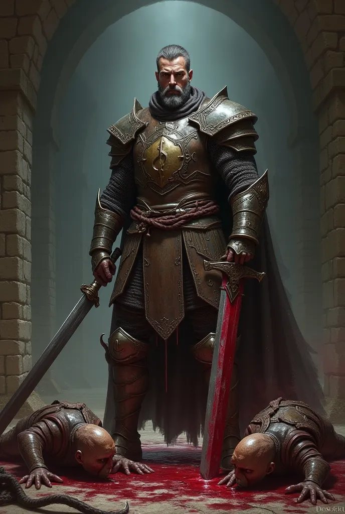 a knight in leather armor with a long sword inside a dungeon he with all his fury kills 3 goblins 