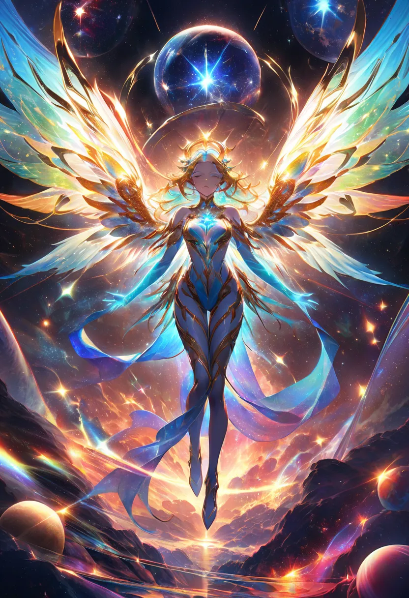 A colossal, winged humanoid celestial being, a shapeshifting angel of the cosmos, soaring through the vast expanse of the Universe. Its ethereal form shimmers with the luminous flow of nebulae and supernovas, seamlessly blending vibrant shades of blue, gre...