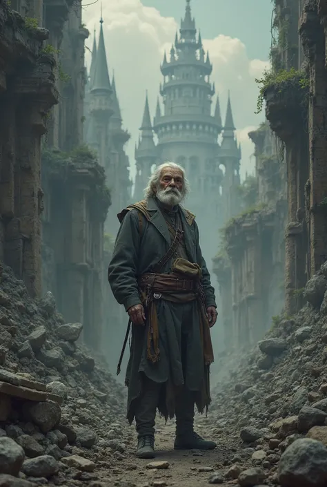 An old man in the background of destroyed Elden Ring buildings   