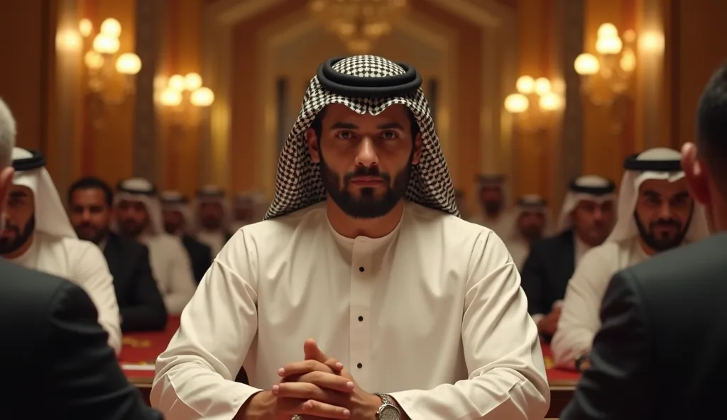 Photorealistic interior of an elite auction hall in Dubai. Khalid is a man in his 40s,  tall , athletic, tanned skin, short black hair, neat beard, dressed in a traditional white caftan and black agal on his head. He confidently raises his hand to bet. Aro...