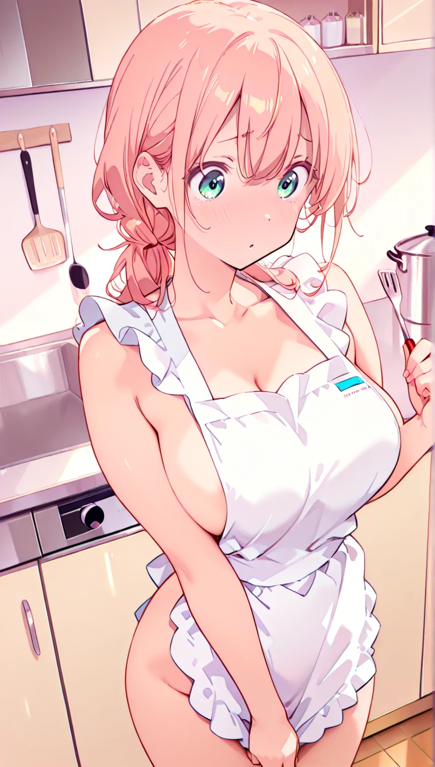 girl、naked apron、Chest Valley、Kitchen、blushes、embarrassing、cooking