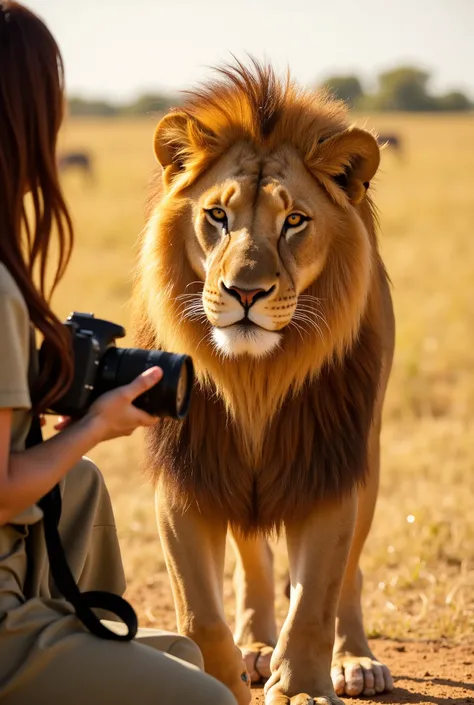 A **hyper-realistic, cinematic wildlife shot** of a **majestic African lion standing proudly in the golden grasslands of a Senegalese safari**, its **muscular frame bathed in the warm afternoon sunlight**. The **rich golden mane flows gently in the breeze*...