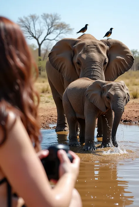 A **hyper-realistic, cinematic wildlife shot** of a **family of African elephants gathered around a watering hole in the Senegalese safari**, their **wrinkled, leathery skin covered in dried mud** from the earlier heat of the day. The **largest elephant, a...